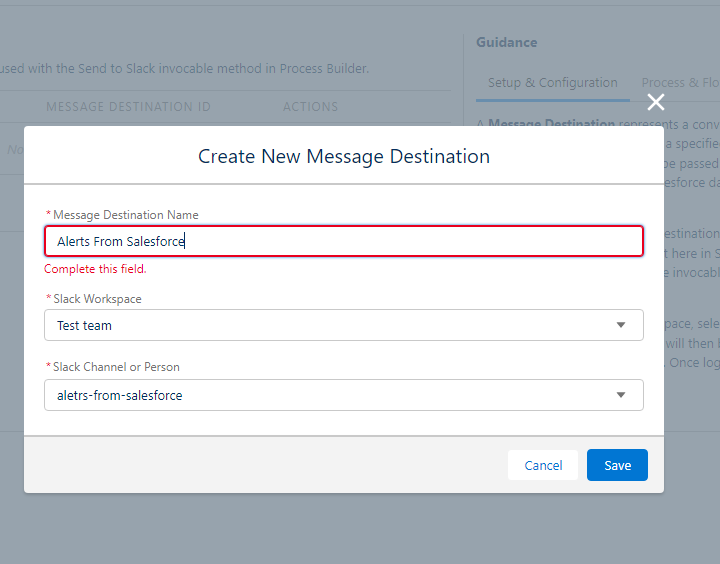 selecting a message destination for the salesforce alert