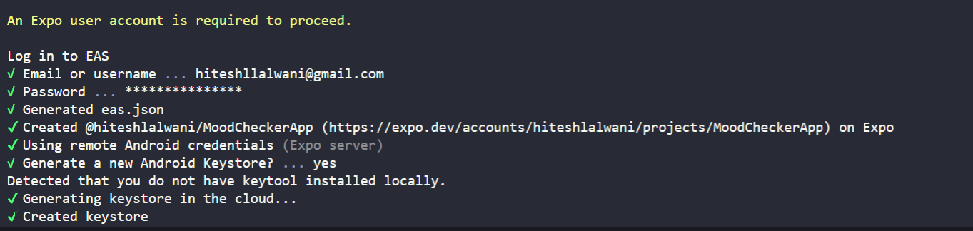 signing into expo using the terminal