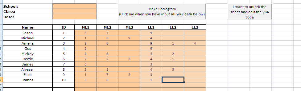 filling the sociogram excel tool with survey data 